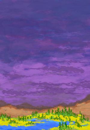 Digital painting of a lakeside landscape with a vast purple sky above