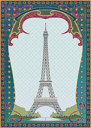 Ornate art nouveau-style poster featuring original vector art of the Eiffel Tower