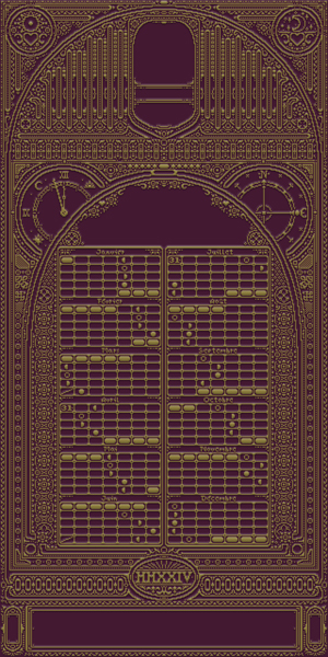 Ornate art nouveau and pixel art full-year calendar for 2024 showing lunar phases throughout the year