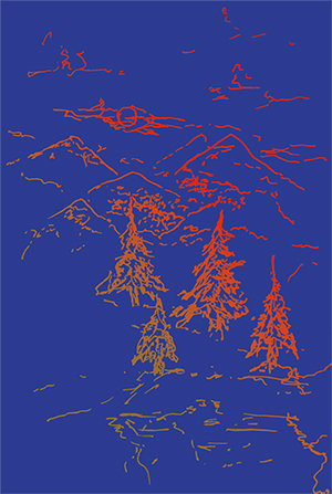 Digital artwork created from an ink sketch of mountains