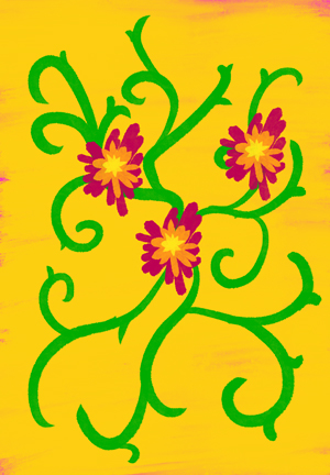 Digital artwork in the style of an oil painting showing vines and red three flowers over a yellow background